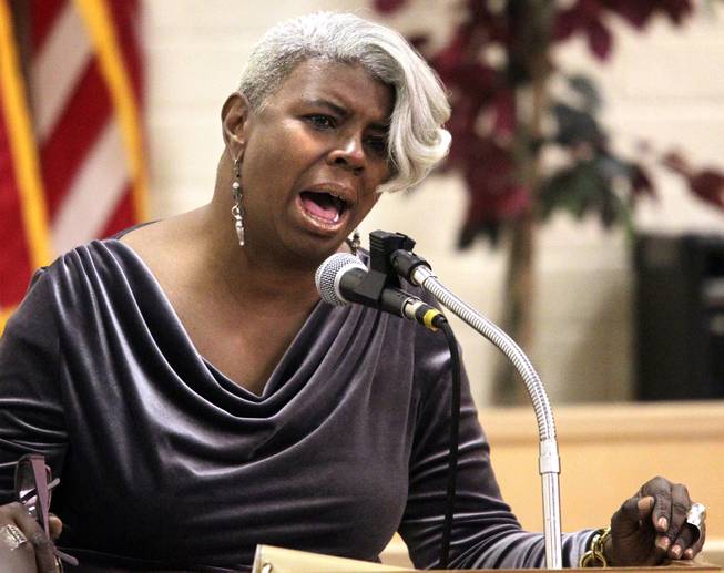 Michael Boldon's sister Gigi Boldon speaks during the memorial service for Michael Boldon at Holy Trinity AME Church in North Las Vegas on Wednesday, Feb. 27, 2013. Boldon was killed in his cab Feb. 21, the result of a fiery crash after a shootout on the Las Vegas Strip.