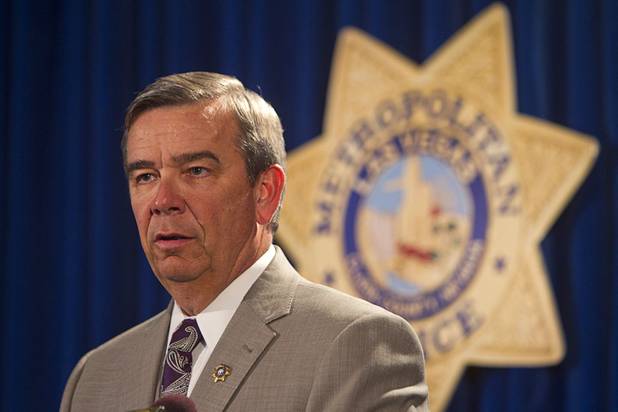 Sheriff Douglas Gillespie addresses reporters during a news conference at Las Vegas Metropolitan Police headquarters Thursday, Feb. 28, 2013 after Ammar Harris was arrested in North Hollywood, Calif. Harris, 26, is charged with murder in the Feb. 21, 2013, shooting and accident on the Las Vegas Strip that left three people dead.