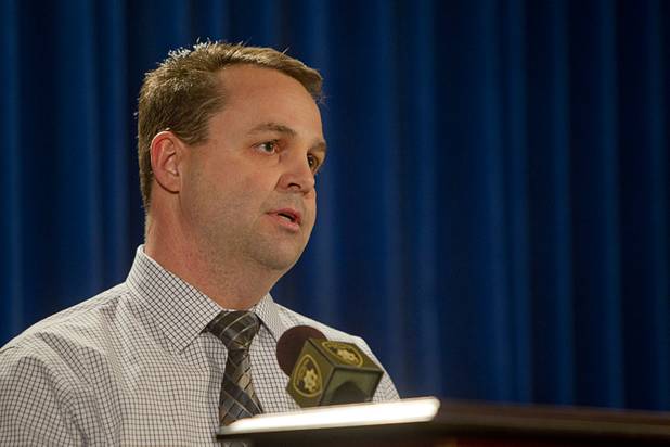 Metro Police Capt. Chris Jones responds to a question during a news conference at Las Vegas Metropolitan Police headquarters Thursday, Feb. 28, 2013 after Ammar Harris was arrested in North Hollywood. Harris, 26, is the suspect of last Thursday's shooting and accident on the Las Vegas Strip that left three people dead.