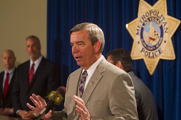 Sheriff Douglas Gillespie responds to a question during a news conference at Las Vegas Metropolitan Police headquarters Thursday, Feb. 28, 2013 after Ammar Harris was arrested in North Hollywood. Harris, 26, is the suspect of last Thursday's shooting and accident on the Las Vegas Strip that left three people dead.