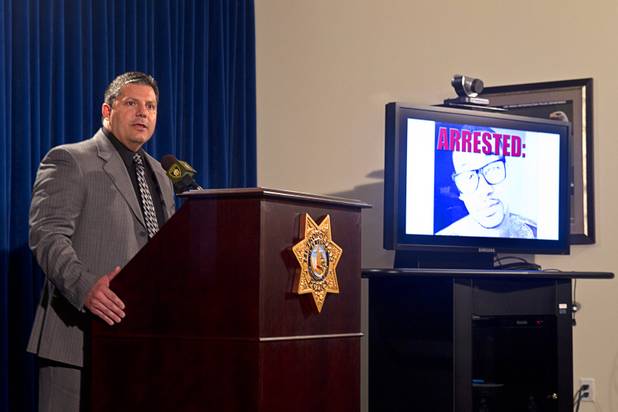 Metro Police Lt. Ray Steiber responds to a question during a news conference at Las Vegas Metropolitan Police headquarters Thursday, Feb. 28, 2013 after Ammar Harris was arrested in North Hollywood. Harris, 26, is the suspect of last Thursday's shooting and accident on the Las Vegas Strip that left three people dead.