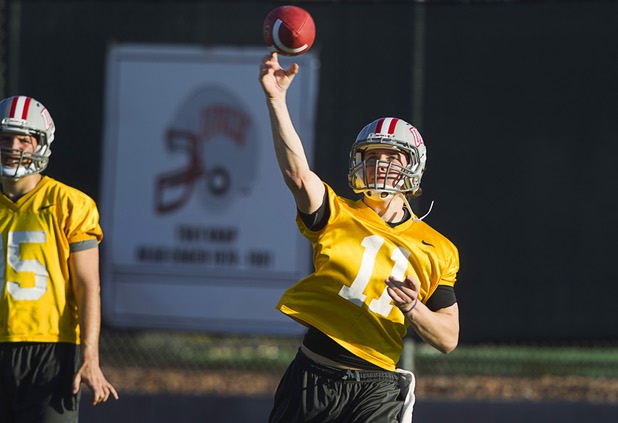 Quarterback Troy Hawthorne passes during practice at Rebel Park at UNLV Monday, March 4, 2013.