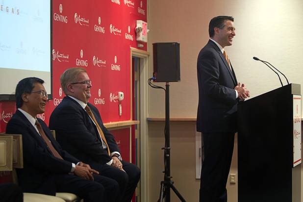 Nevada Governor Brian Sandoval speaks during a news conference at Steelman Design Monday, March 4, 2013. The Genting Group announced plans for Resorts World Las Vegas, a multi-billion dollar resort to be built on the site of the stalled Echelon project. At left are KT Lim, chairman/CEO of the Genting Group, and designer Paul Steelman.