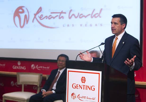 Nevada Governor Brian Sandoval speaks during a news conference at Steelman Design Monday, March 4, 2013. The Genting Group announced plans for Resorts World Las Vegas, a multi-billion dollar resort to be built on the site of the stalled Echelon project. KT Lim, chairman/ CEO of the Genting Group, listens at left.