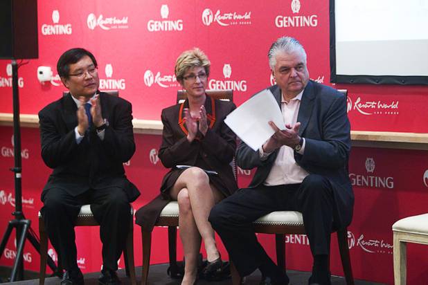 Kong Han Tan, president/COO of Genting Berhad, Clark County Commissioner Chris Giunchigliani, and Commissioner Steve Sisolak applaud during a news conference at Steelman Design Monday, March 4, 2013. The Genting Group announced plans for Resorts World Las Vegas, a multi-billion dollar resort project to be built on the site of the stalled Echelon project.