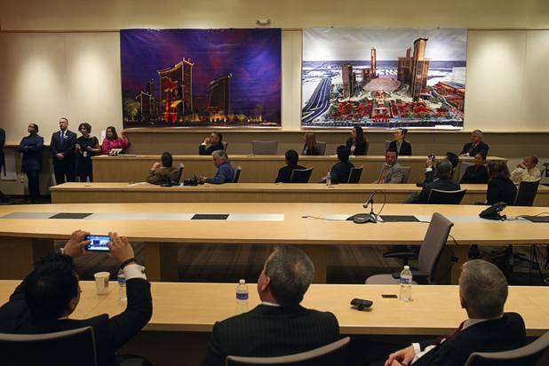 Artist illustrations of the new Resorts World Las Vegas are displayed during a news conference at Steelman Design Monday, March 4, 2013. The Genting Group announced plans for Resorts World Las Vegas, a multi-billion dollar resort to be built on the site of the stalled Echelon project.