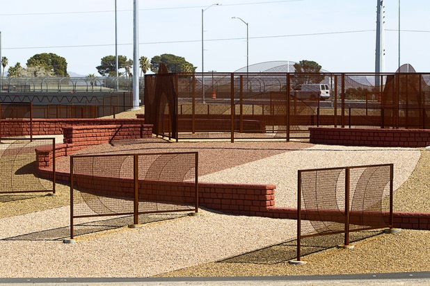 A view of landscaping made with different colored rock and decorative fencing at Valley View Boulevard and U.S.  Highway 95 Tuesday, March 5, 2013.