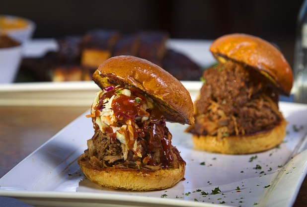 Top Notch Barbeque's Pulled Pork Sandwich with Chili and Coleslaw at Serene and Eastern avenues Tuesday, March 5, 2013. The restaurant is the same building but is separate from the Doc Holliday's tavern.