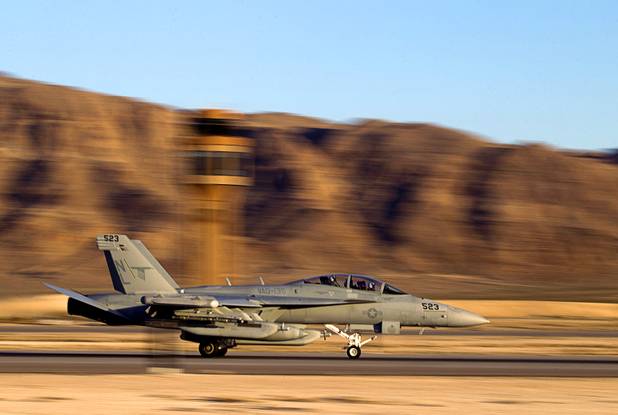A U.S. Navy EA-18G Growler lands during Red Flag 13-3 media day at Nellis Air Force Base Wednesday, Feb. 26, 2013.
