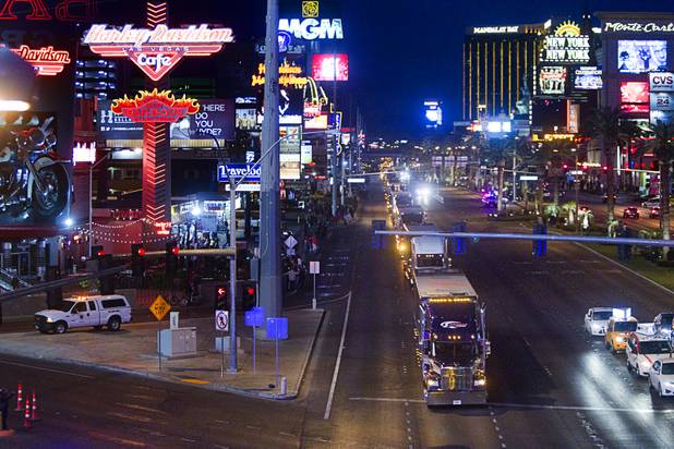 NASCAR haulers parade north on Las Vegas Boulevard Wednesday, March 6, 2013.  The NASCAR hauler parade traveled north on the Las Vegas Strip to Sahara Avenue, then on I-15 to the Las Vegas Motor Speedway.