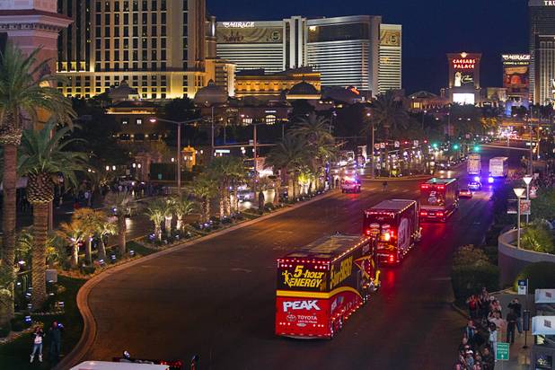 NASCAR haulers parade north on Las Vegas Boulevard Wednesday, March 6, 2013.  The NASCAR hauler parade traveled north on the Las Vegas Strip to Sahara Avenue, then on I-15 to the Las Vegas Motor Speedway.