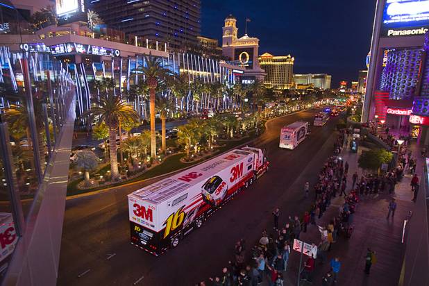 NASCAR haulers parade north on Las Vegas Boulevard Wednesday, March 6, 2013.  The NASCAR hauler parade traveled north on the Las Vegas Strip to Sahara Avenue, then on I-15 to the Las Vegas Motor Speedway.