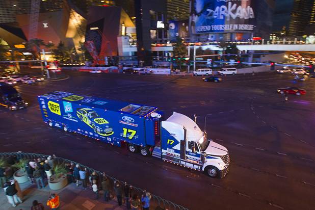 Ricky Stenhouse Jr.'s hauler heads north on Las Vegas Boulevard Wednesday, March 6, 2013.  The NASCAR hauler parade traveled north on the Las Vegas Strip to Sahara Avenue, then on I-15 to the Las Vegas Motor Speedway. 