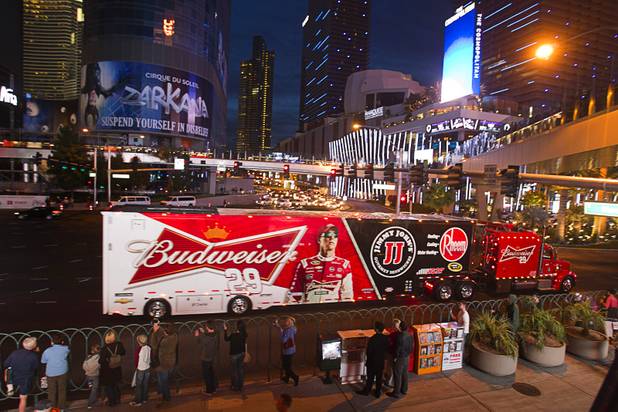 Kevin Harvick's hauler heads north on Las Vegas Boulevard Wednesday, March 6, 2013.  The NASCAR hauler parade traveled north on the Las Vegas Strip to Sahara Avenue, then on I-15 to the Las Vegas Motor Speedway.