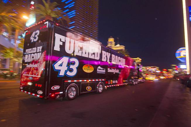 Aric Almirola's hauler heads north on Las Vegas Boulevard Wednesday, March 6, 2013.  The NASCAR hauler parade traveled north on the Las Vegas Strip to Sahara Avenue, then on I-15 to the Las Vegas Motor Speedway.