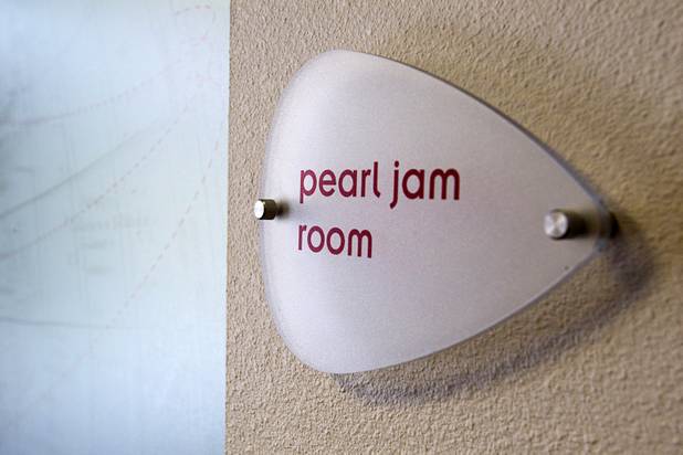 A sign marks the Pearl Jam conference room during the opening of the BMM Testlabs new world headquarters in Las Vegas Thursday, March 7, 2013. Many of the rooms in the test lab have rock 'n roll themes. BMM employs more than 200 people in 12 countries and operates 11 gaming labs, serving more than 400 gaming jurisdictions.