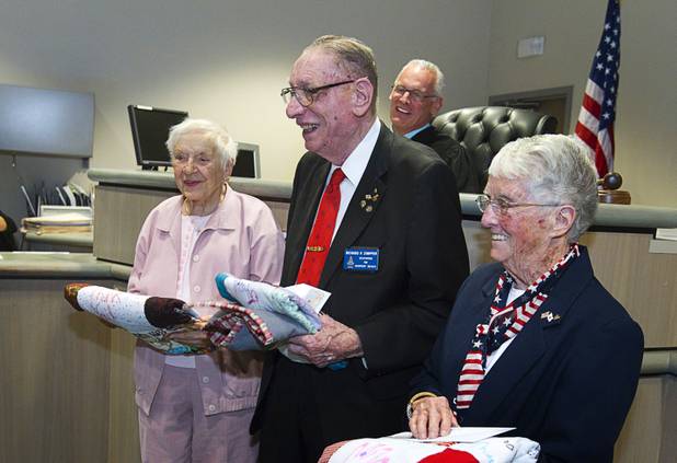 World War II veterans are honored during Veterans Court in Henderson Thursday, March 7, 2013. From left are: Navy veteran Evie Hallas, Army veteran Richard Zimpfer and Coast Guard veteran Billie D'Entremont.