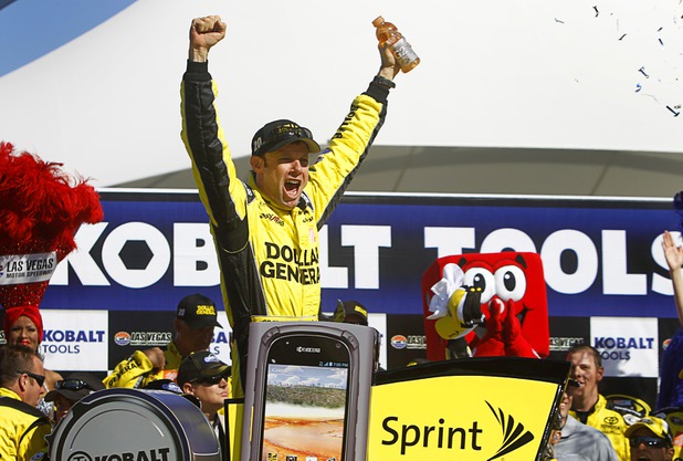 Matt Kenseth celebrates in victory lane after winning the Kobalt Tools 400 at the Las Vegas Motor Speedway Sunday, March 10, 2013.