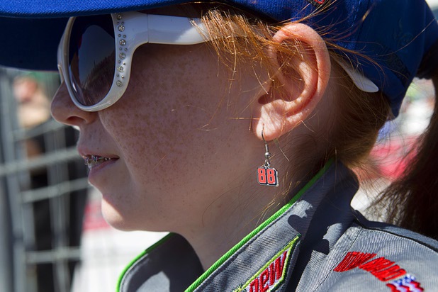 Kennedy Laubhan, 10, of Amarillo, Texas shows her support for Dale Earnhardt Jr. (88) during the Kobalt Tools 400 NASCAR race at the Las Vegas Motor Speedway Sunday, March 10, 2013.