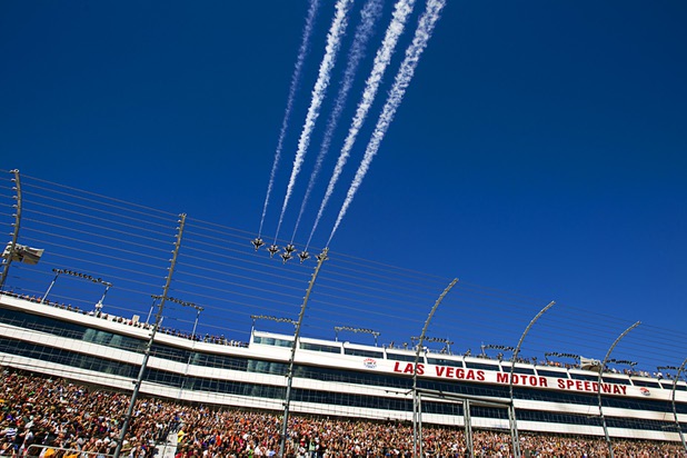The Thunderbirds, the U.S. Air Force Air Demonstration Squadron, flies over the Las Vegas Motor Speedway prior to the start of the during the Kobalt Tools 400 NASCAR race Sunday, March 10, 2013.