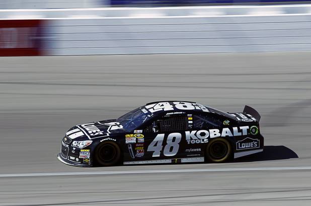 Jimmie Johnson (48) races during the Kobalt Tools 400 at the Las Vegas Motor Speedway Sunday, March 10, 2013.
