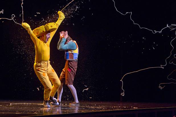 "Stinky Cheese Man," left, played by David Mitchell, performs with "Jack," played by Daniel Desmarais, during "The Stinky Cheese Man and other Fairly Stupid Tales" at the Smith Center for the Performing Arts Tuesday, March 12, 2013.  As part of the Smith Center's mission combining performing arts and education, and in partnership with the Clark County School District, the center hosted more than 1,500 elementary school students from Southern Nevada for the special performance by members of the Griffin Theater of Chicago.
