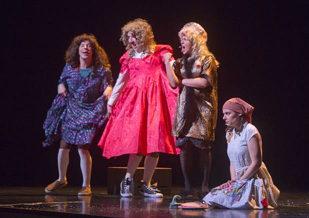 Cinderella, right, (Melissa Engle) is tormented by her stepmother and stepsisters during "The Stinky Cheese Man and other Fairly Stupid Tales" at the Smith Center for the Performing Arts Tuesday, March 12, 2013.  As part of the Smith Center's mission combining performing arts and education, and in partnership with the Clark County School District, the center hosted more than 1,500 elementary school students from Southern Nevada for the special performance by members of the Griffin Theater of Chicago.