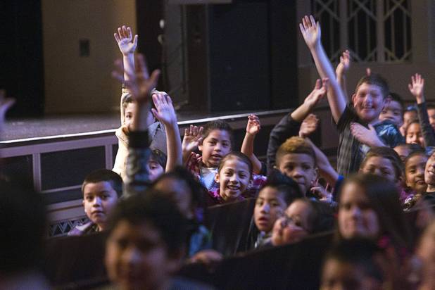 Elementary school children volunteer to help out with the show during "The Stinky Cheese Man and other Fairly Stupid Tales" at the Smith Center for the Performing Arts Tuesday, March 12, 2013.  As part of the Smith Center's mission combining performing arts and education, and in partnership with the Clark County School District, the center hosted more than 1,500 elementary school students from Southern Nevada for the special performance by members of the Griffin Theater of Chicago.