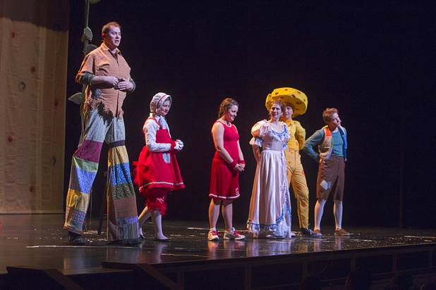 Cast members answer questions following a performance of "The Stinky Cheese Man and other Fairly Stupid Tales" at the Smith Center for the Performing Arts Tuesday, March 12, 2013. From left are: Matt Engle, Melissa Engle, Kelsey Jorissen, Kaitlyn Griggs, David Mitchell and Daniel Desmarais.  As part of the Smith Center's mission combining performing arts and education, and in partnership with the Clark County School District, the center hosted more than 1,500 elementary school students from Southern Nevada for the special performance by members of the Griffin Theater of Chicago.