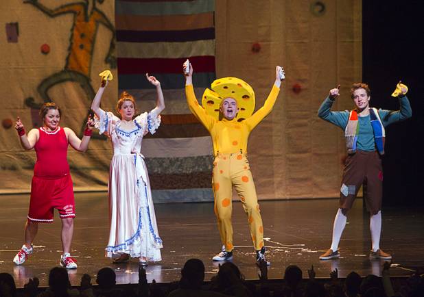 Cast members interact with elementary school students following a performance of "The Stinky Cheese Man and other Fairly Stupid Tales" at the Smith Center for the Performing Arts Tuesday, March 12, 2013. From left are: Kelsey Jorissen, Kaitlyn Griggs, David Mitchell and Daniel Desmarais.  As part of the Smith Center's mission combining performing arts and education, and in partnership with the Clark County School District, the center hosted more than 1,500 elementary school students from Southern Nevada for the special performance by members of the Griffin Theater of Chicago.