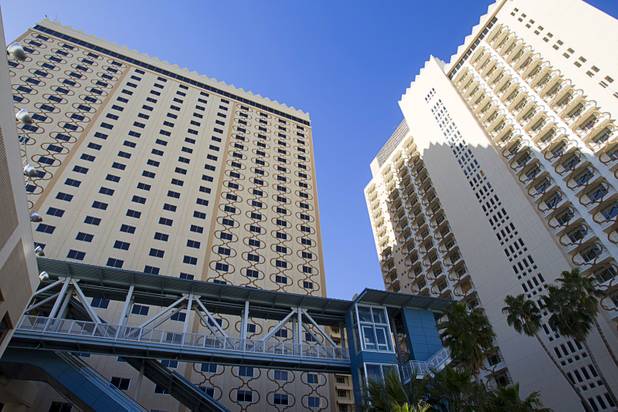 Hotel towers are shown during a tour of work on the SLS Las Vegas resort, formerly the Sahara, Wednesday, March 13, 2013.