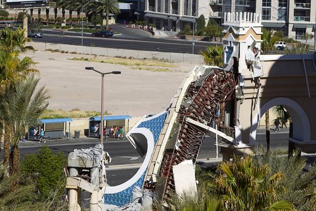 The old porte cochere is demolished at the SLS Las Vegas resort, formerly the Sahara, Wednesday, March 13, 2013. The renovated resort is expected to open in the fall of 2014.