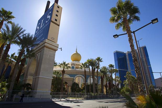 A view of the SLS Las Vegas resort, formerly the Sahara, at Sahara Avenue and Las Vegas Boulevard South Wednesday, March 13, 2013. The renovated resort is expected to open in the fall of 2014. The stalled Fontainebleau Las Vegas project is at right.