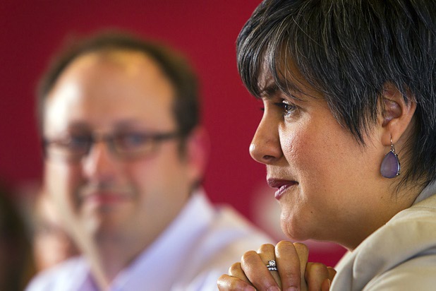 Matthew Kramer, left, and Elisa Villanueva Beard, co-chief executive directors for Teach For America, speak to the Las Vegas Sun editorial board at the Sun offices in Henderson Wednesday, March 13, 2013.