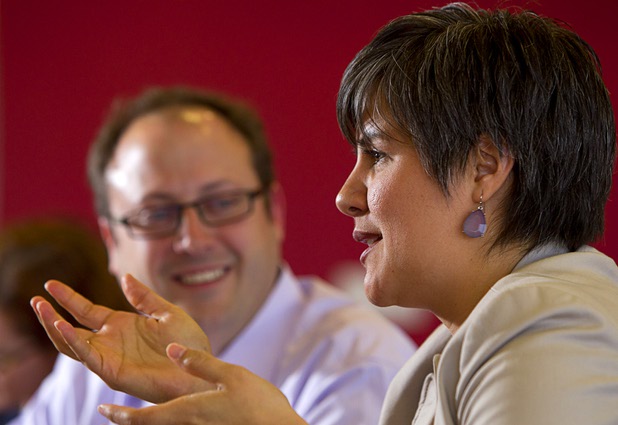 Matthew Kramer, left, and Elisa Villanueva Beard, co-chief executive directors for Teach For America, speak to the Las Vegas Sun editorial board at the Sun offices in Henderson Wednesday, March 13, 2013.