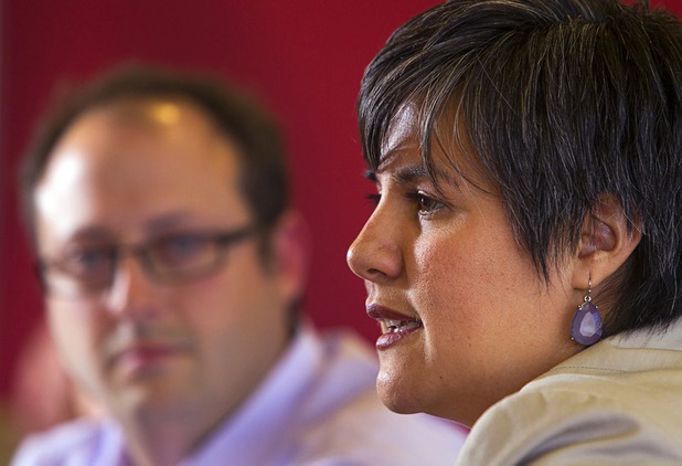 Matthew Kramer, left, and Elisa Villanueva Beard, co-chief executive directors for Teach For America, speak to the Las Vegas Sun editorial board at the Sun offices in Henderson Wednesday, March 13, 2013.
