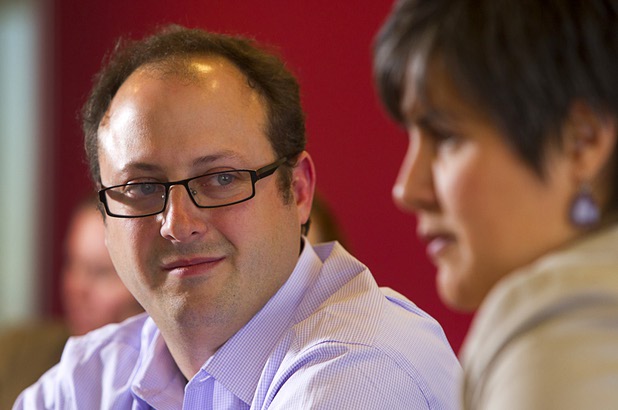 Matthew Kramer, left, and Elisa Villanueva Beard, co-chief executive directors for Teach For America, speak to the Las Vegas Sun editorial board at the Sun offices in Henderson Wednesday, March 13, 2013.
