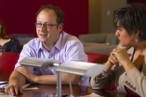 Matthew Kramer, left, and Elisa Villanueva Beard, co-chief executive directors for Teach For America, speak to the Las Vegas Sun editorial board at the Sun offices in Henderson Wednesday, March 13, 2013.