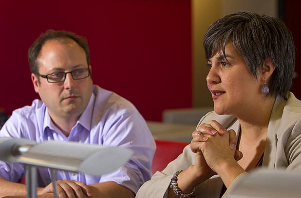 Matthew Kramer, left, and Elisa Villanueva Beard, co-chief executive directors for Teach For America, speak to the Las Vegas Sun editorial board at the Sun offices in Henderson Wednesday, March 13, 2013.