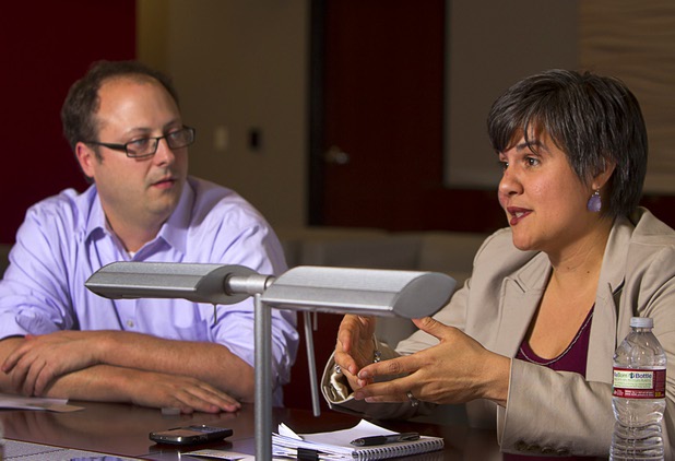Matthew Kramer, left, and Elisa Villanueva Beard, co-chief executive directors for Teach For America, speak to the Las Vegas Sun editorial board at the Sun offices in Henderson Wednesday, March 13, 2013.