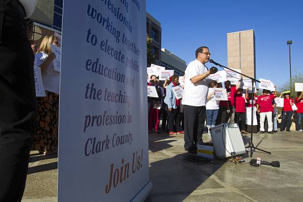 Ruben Murillo Jr., Clark County Education Association president, speaks during a news conference outside the Sawyer State Building Wednesday, March 13, 2013. Teachers, parents and union members held the rally as legislators were meeting in a joint assembly and senate committee meeting to discuss education issues.