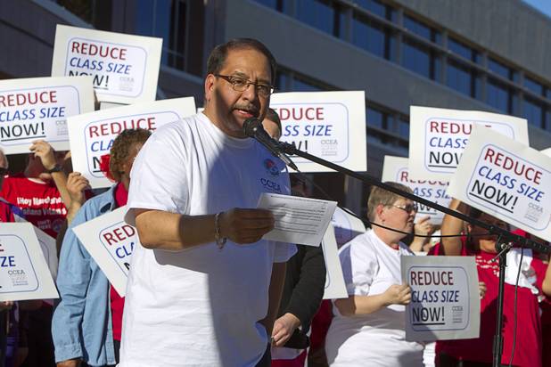 Ruben Murillo Jr., Clark County Education Association president, speaks during a news conference outside the Sawyer State Building Wednesday, March 13, 2013. Teachers, parents and union members held the rally as legislators were meeting in a joint assembly and senate committee meeting to discuss education issues.