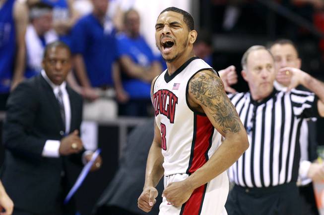 UNLV guard Anthony Marshall yells as time out is called  during their Mountain West Conference Tournament game against Air Force Wednesday, March 13, 2013 at the Thomas & Mack. UNLV won 72-56 and will face the winner of the Fresno State vs. Colorado State on Friday.