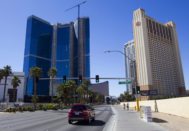 A view of the unfinished Fontainebleau Las Vegas casino, left, on Las Vegas Boulevard South Wednesday, March 13, 2013. 