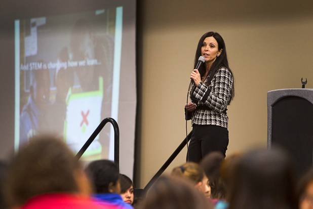 Teresa Delaria of DeVry University speaks during the annual HerWorld workshop at the Henderson Convention Center Thursday, March 14, 2013. About 230 students attended the workshop, sponsored by DeVry University, intended to introduce female high school students to careers in science, technology, engineering and math.