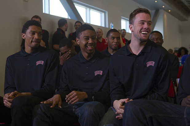 Members of the UNLV men's basketball team, from left, Khem Birch, Daquan Cook and Katin Reinhardt learn their selection while watching the NCAA Tournament selection show at the Mendenhall Center on Sunday, March 17, 2013. UNLV will play the Cal Golden Bears in its NCAA tournament opener Thursday at HP Pavilion in San Jose, Calif.