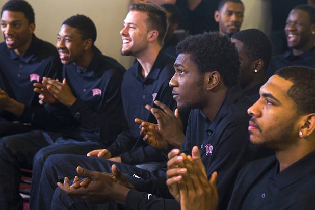 Members of the UNLV men's basketball team applaud as they learn their selection while watching the NCAA Tournament's Selection Show at the Mendenhall Center Sunday, March 17, 2013. UNLV will play Golden Bears in its NCAA tournament opener on Thursday at HP Pavilion in San Jose.