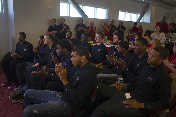 Members of the UNLV men's basketball team applaud as they learn their selection while watching the NCAA Tournament's Selection Show at the Mendenhall Center Sunday, March 17, 2013. UNLV will play Golden Bears in its NCAA tournament opener on Thursday at HP Pavilion in San Jose.