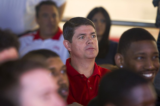 UNLV Runnin' Rebel head coach Dave Rice watches with the men's basketball team as they wait to learn their selection while watching the NCAA Tournament's Selection Show at the Mendenhall Center Sunday, March 17, 2013. UNLV will play Golden Bears in its NCAA tournament opener on Thursday at HP Pavilion in San Jose.