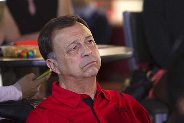 UNLV Athletics director Jim Livengood watches he NCAA Tournament's Selection Show with members of the men's basketball team as they as they wait to learn the Rebels' selection at the Mendenhall Center Sunday, March 17, 2013.